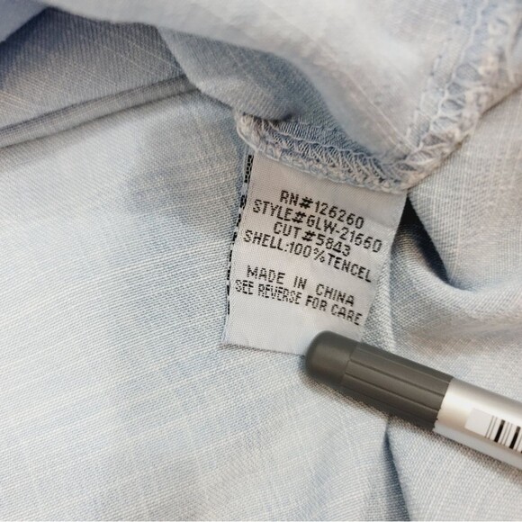 Distressed Chambray Off The Shoulder Tiered Balloon Sleeve Top in Light Blue - Picture 7 of 10